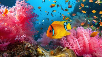 Colorful tropical fish swimming among vibrant coral reefs in a clear blue ocean, showcasing the beauty of underwater marine life.