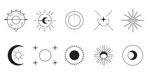 Astrology symbol set: a versatile assortment of abstract celestial icons, including sunbursts and moon phases, designed for astrology-themed projects and spiritual artwork.
