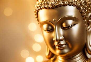 close up golden statue, Buddha sculpture, shining face on a light copy space background with highlights of light. Image for design, banner, promo materials, website