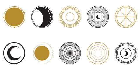  A set of minimal vector icons, black and gold circles with a moon, on a white isolated background, thin lines, and simple shapes. Ideal for logos, decorative elements with a cosmic or spiritual them