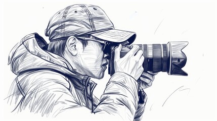 A sketch of a man taking a photo with a camera.