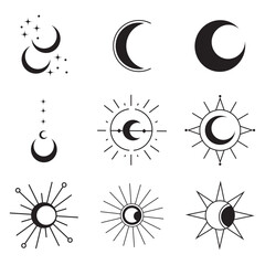 Celestial geometric designs: a set of intricate black geometric icons of sun and moon motifs, ideal for cosmic and mystical branding or decorative purposes.