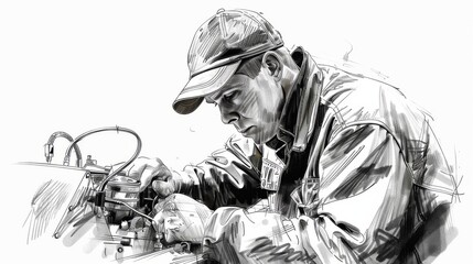 Black and white portrait of a worker wearing a cap and work clothes, focused on his work.