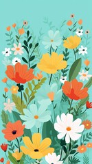 Colorful floral illustration with vibrant flowers and leaves on a light blue background, perfect for spring and summer designs.