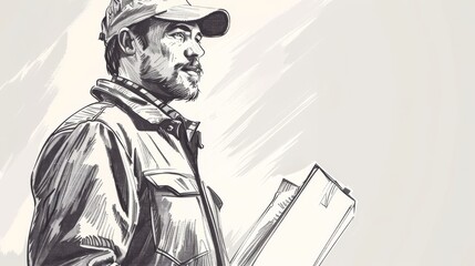 Black and white sketch portrait of a man wearing a cap and jacket, looking to the right.