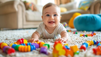 Happy Baby Crawling on Soft Carpet in Colorful Living Room with Toys - Joyful Childhood Playtime Concept