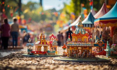 Naklejka premium Crowd enjoying carnival games at an amusement park selective focus, playful atmosphere, dynamic, manipulation, midway backdrop