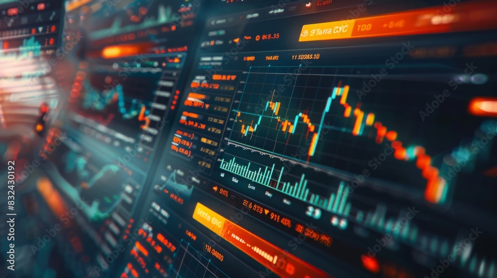 Poster a man is standing in front of a variety of graphs displayed on a screen, analyzing data and informat