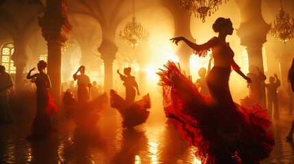 Flamenco dancer in a red dress with a rose in her hair.