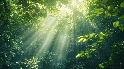 Fototapeta premium Rainforest canopy with sunlight filtering through, illustrating the richness and biodiversity of tropical forests