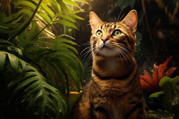 Obraz premium Portrait of a happy manx cat in lush tropical rainforest