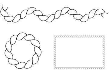 Round rope curve symbol set. Different thickness circular ropes set for decoration. Vector isolated on white.