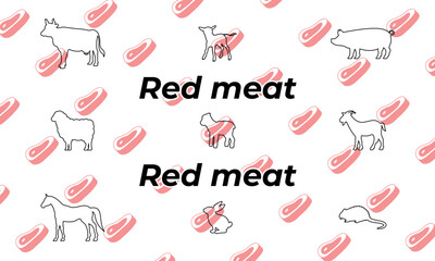 Vector animals. Red meat, outline icons. Cow, calf, pig, sheep, lamb, goat, horse, rabbit, nutria. Meat of mammals and birds, which has red shades due to the presence of the protein myoglobin