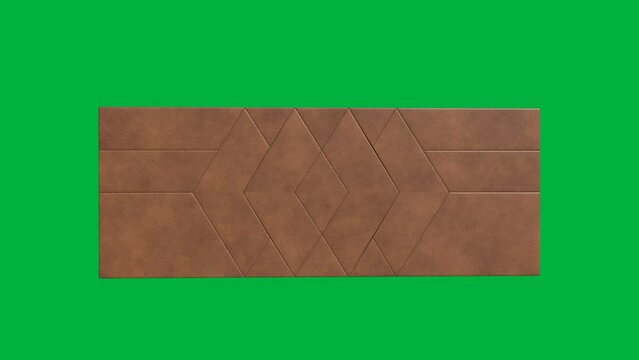 A bed with a green background. The bed is brown and blue