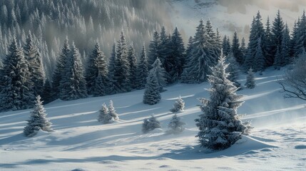 Obraz premium Snow-covered landscape with evergreen trees, symbolizing the beauty and fragility of winter environments