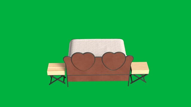 A bed with a green background and two wooden nightstands. The bed has two pillows and a white blanket