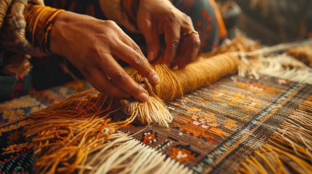 The process of hand-weaving a carpet on a traditional loom.