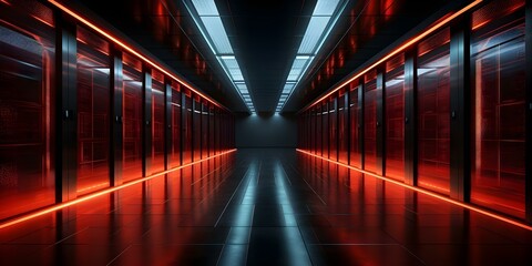 Empty redlit data center corridor conveys urgency and importance of stored data. Concept Data Center, Red Lighting, Urgency, Importance, Stored Data