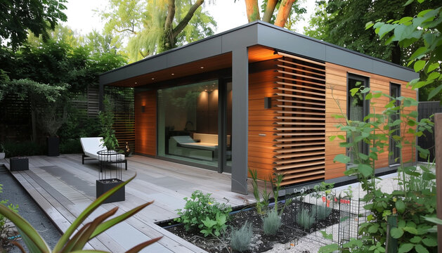Projet de construction d'une maison de jardin &eacute;cologique bioclimatique en bois dans un jardin vert