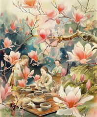 Traditional Japanese Tea Ceremony Under Blooming Magnolia Tree