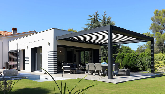 Projet de construction d'une v&eacute;randa ou pergola bioclimatique pour une maison d'habiation moderne blanche