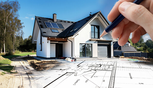 Projet de construction d'une maison avec une esquisse d'architecte avec une main qui dessine