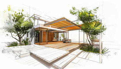 Esquisse d'architecte d'un projet de construction d'une pergola écologique bioclimatique en bois dans un jardin