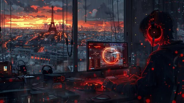Lofi Girl Lofi Guy Scenery, 16:9, 4K, seamless loop, Anime Style, Comic Style, Manga Style