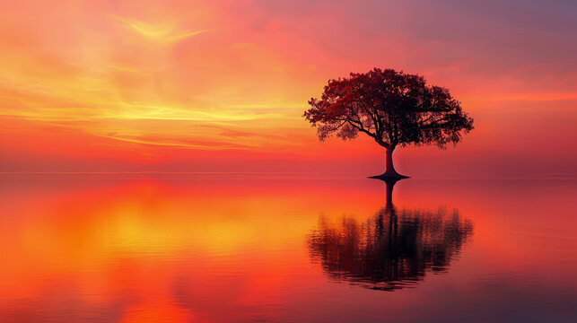 Tree Silhouette in Vibrant Sunset over Serene Lake