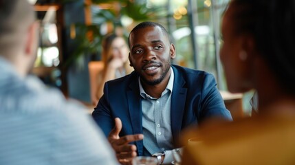 Obraz premium A man is seated at a wooden table engaged in conversation with a woman.