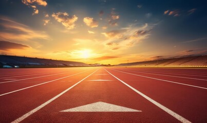 Empty stands casting long shadows on a race track at golden hour focus on stillness, dynamic, manipulation, sunset ambiance backdrop