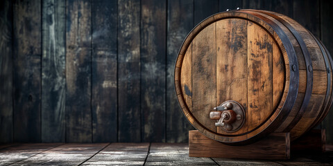 Fototapeta premium An old wooden beer barrel in a dark wood background. whiskey or wine barrel, copy space.