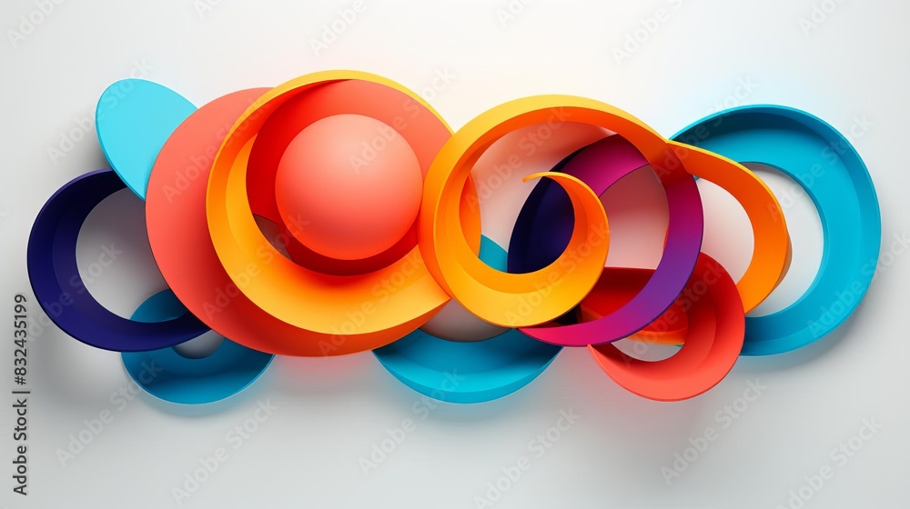 Fototapete abstract circular geometric composition with interconnected shapes in bright colors placed on a whit