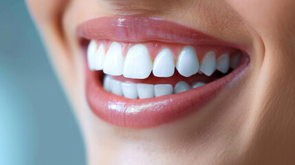 Obraz premium Close-up of a woman smiling with perfect white teeth, showcasing dental health and hygiene with bright, clean teeth.
