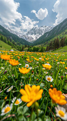 Fototapeta premium Field of wildflowers with snowy mountains