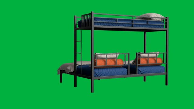 A bunk bed with two beds on top of each other. The bed is made and has pillows on it