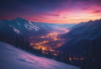 AI-generated illustration of Snow-covered mountains illuminated by colorful lights at sunset
