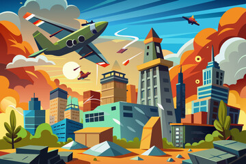 Cartoon illustration of a bombed out city with soaring aircraft, vector.
