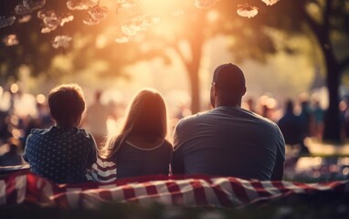Family enjoying a picnic with the American flag in soft focus in the background on Memorial Day close up, patriotic celebration, vibrant, double exposure, park backdrop