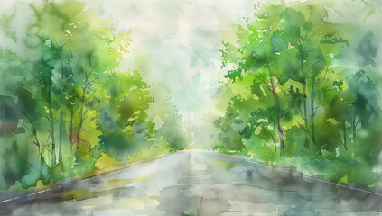 Fototapeta premium Watercolor painting of an empty country road with green trees on the sides, blurred background, green color palette, Generative AI