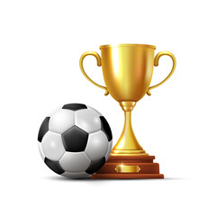 Fototapeta premium Golden cup and soccer ball. Vector 3D clipart isolated on white background.
