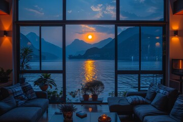 Coastal living room with a large window offering stunning ocean views, cozy seating, and a relaxing ambiance