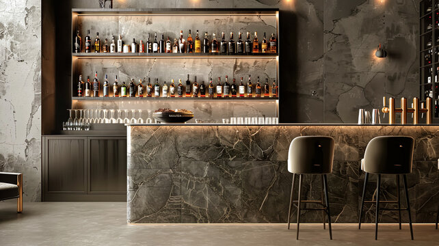 Selective focus of contemporary bar counter or nightclub in luxury and elegant style.for background interior design.drinking concepts ideas