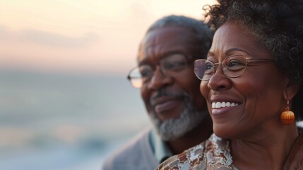 An elderly African-American couple smiling and laughing while standing outdoors by the sea, one side is a copy of the
