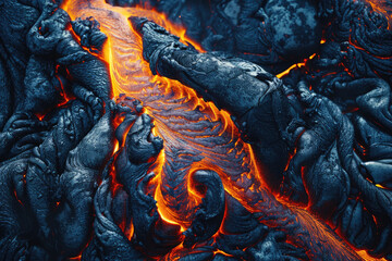 A lava flow with a blue and orange color. The lava is flowing down a mountain and is surrounded by rocks