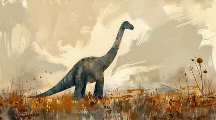 Realistic Painting of a Slender Dinosaur with Bluish-Gray Skin and Small Spikes in a Serene Field of Tall Grass with Light Blue Sky