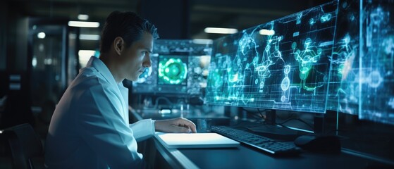 Medical research scientist working on futuristic computers in big modern laboratory, data implementing technology, Generative AI