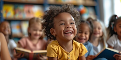 Obraz premium Cute multiethnic children sitting together and reading books in kindergarten or nursery school, laughing while learning