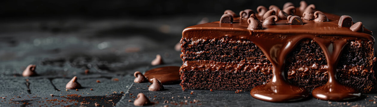 A slice of chocolate cake with chocolate drizzle on top