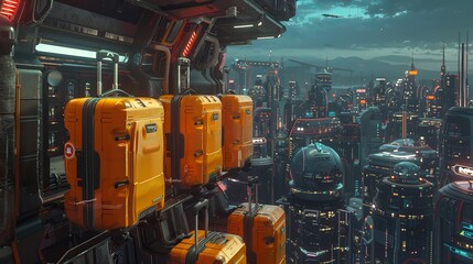 Futuristic suitcases on a rooftop with a cityscape background for travel and adventure themes